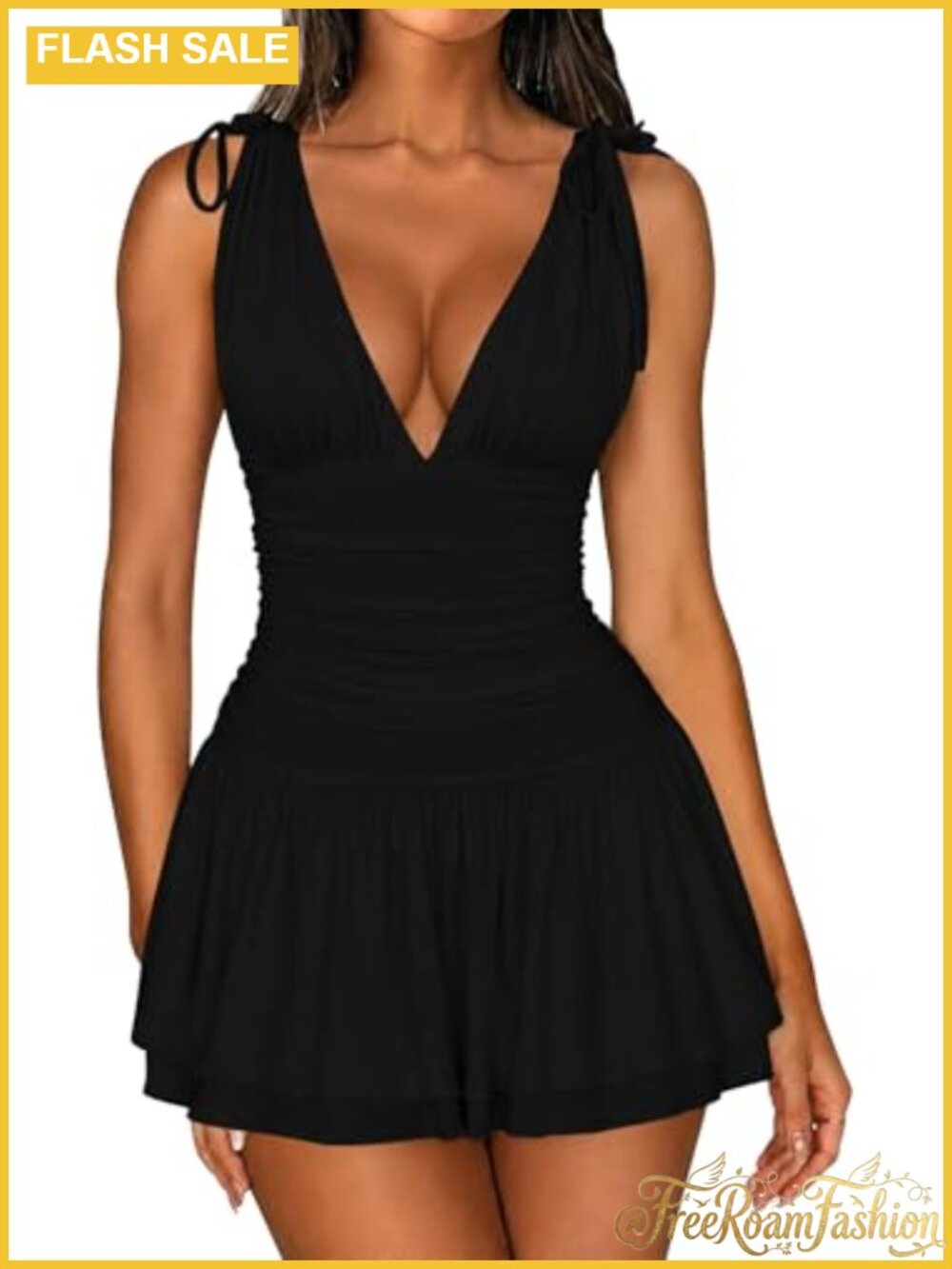 Sexy V Neck Sleeveless Mini Dress Ruched A-Line Tie Straps Club Party